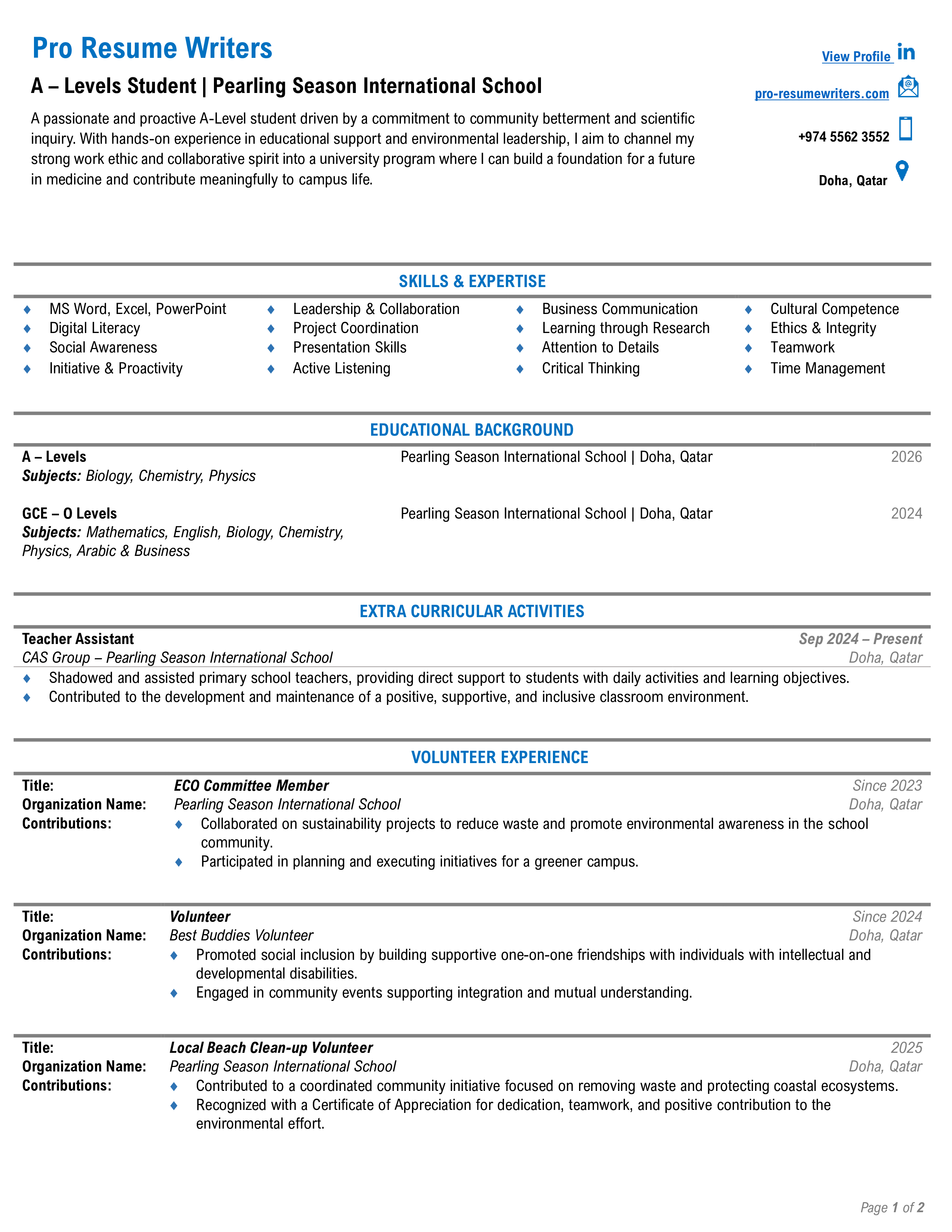 College Professional Resume
